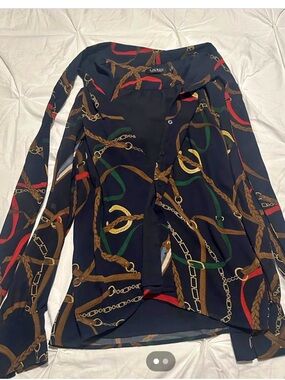 Classic gorgeous Ralph Lauren Georgette Navy Equestrian Print Blouse